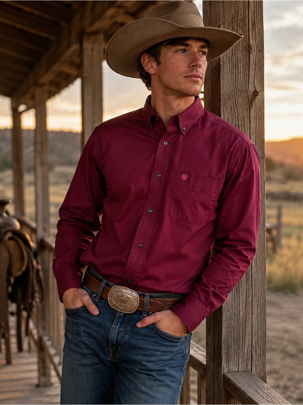 Ariat Men's Long-Sleeve Button-Down Shirt in Burgundy #1078CL
